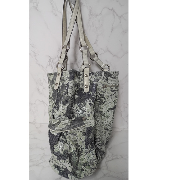 B Makowsky Large Leather Gray/Green/Lace Design Tote Bag - EUC - Picture 3 of 8
